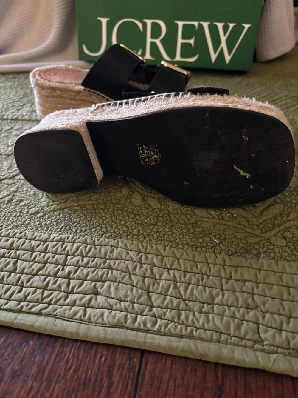 J. Crew Black Leather Double-Buckle Espadrille Slides